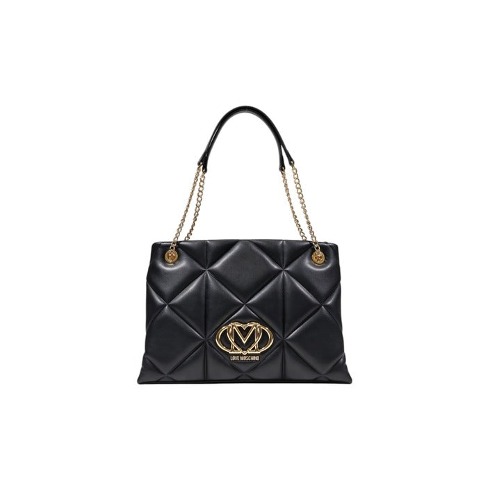 شنطة يد جلد صناعي أسود بتصميم مبطن وشعار دائري – Love Moschino