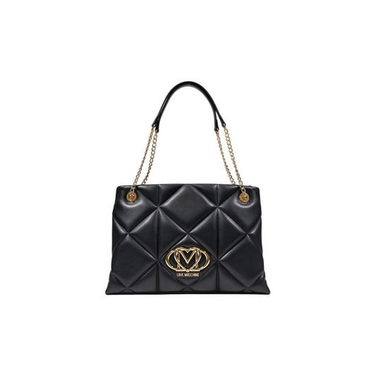 شنطة يد جلد صناعي أسود بتصميم مبطن وشعار دائري – Love Moschino