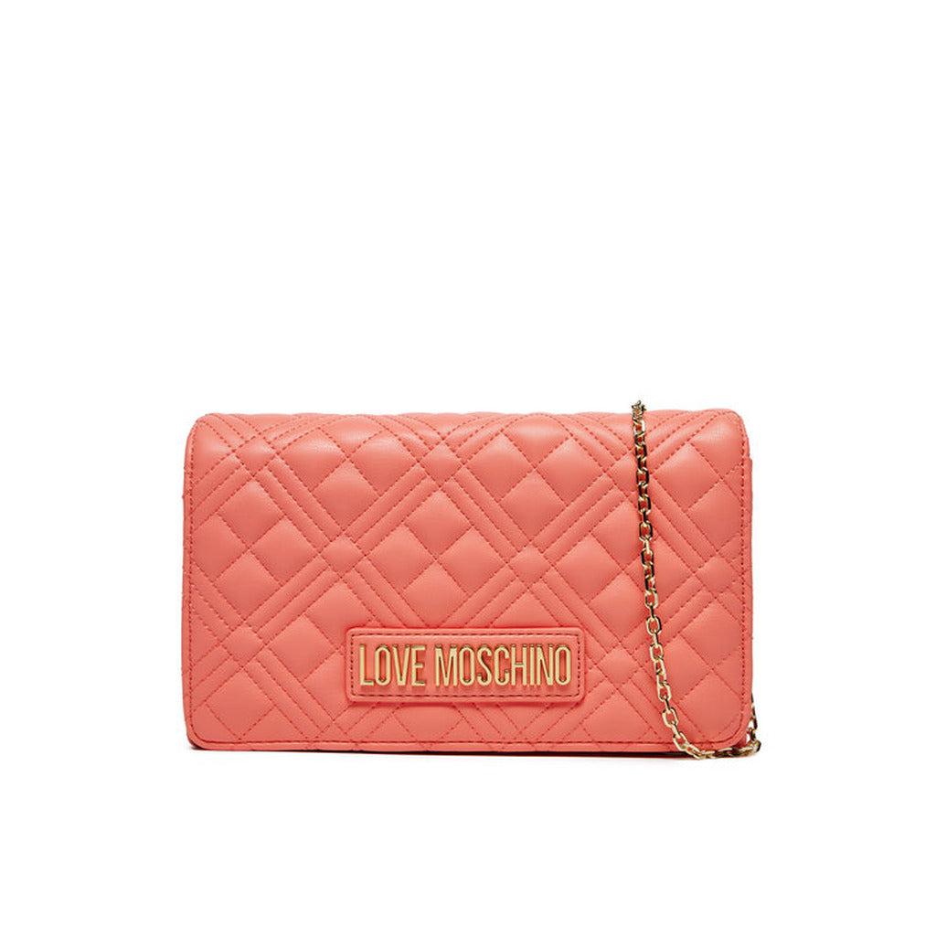 Love Moschino – شنطة كتف جلد صناعي ذهبي بنقشة مبطنة وشعار أمامي