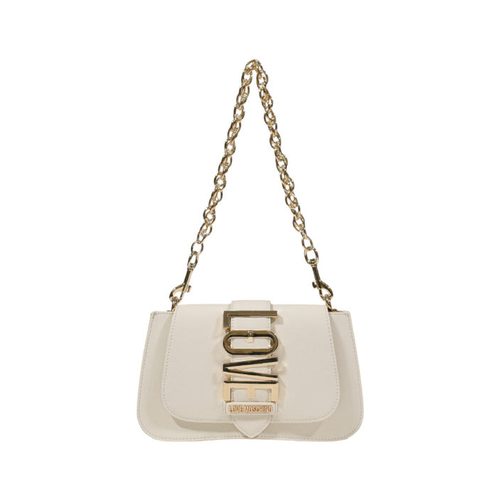 شنطة يد بيضاء بسلسلة وشعار ذهبي بارز – Love Moschino