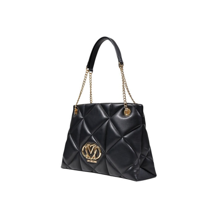 شنطة يد جلد صناعي أسود بتصميم مبطن وشعار دائري – Love Moschino