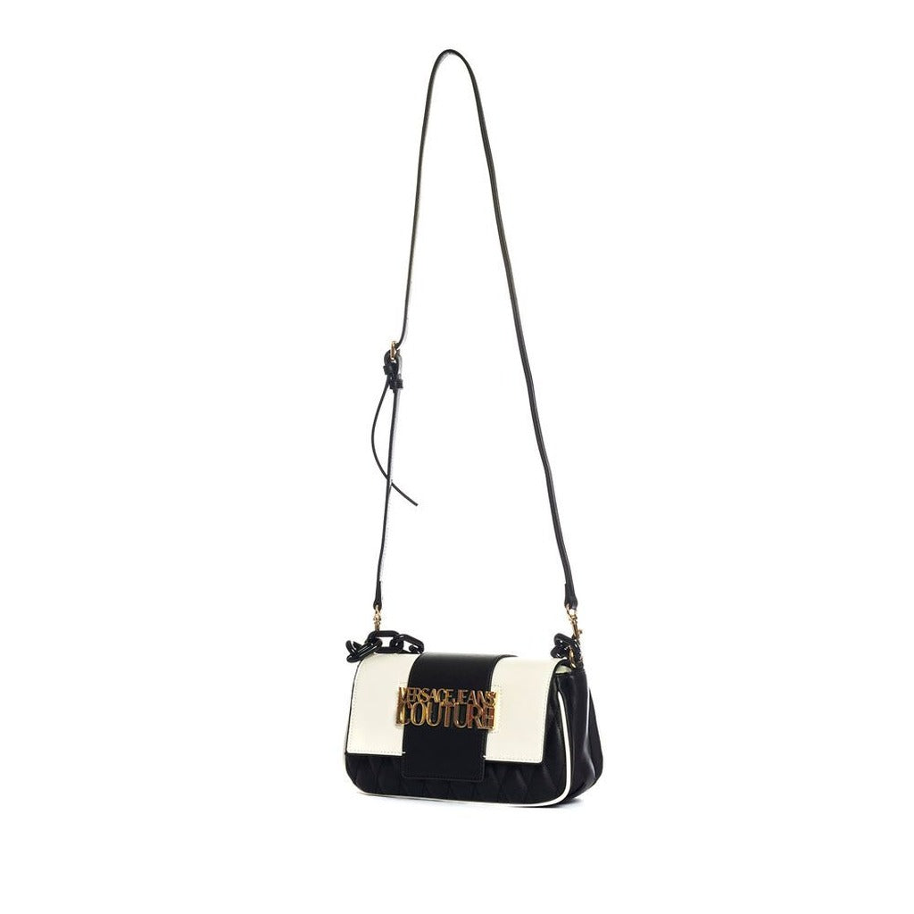 Versace Jeans Couture - شنطة كتف مبطنة بشعار ذهبي وسلسلة سوداء - أبيض × أسود