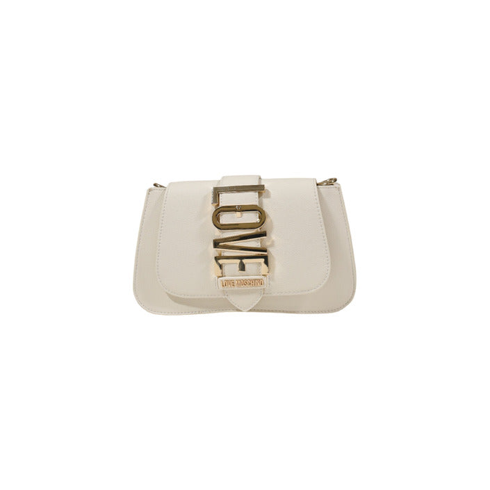 شنطة يد بيضاء بسلسلة وشعار ذهبي بارز – Love Moschino