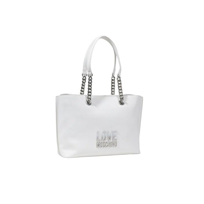 شنطة يد بيضاء بمقابض سلسلة وشعار بارز – Love Moschino