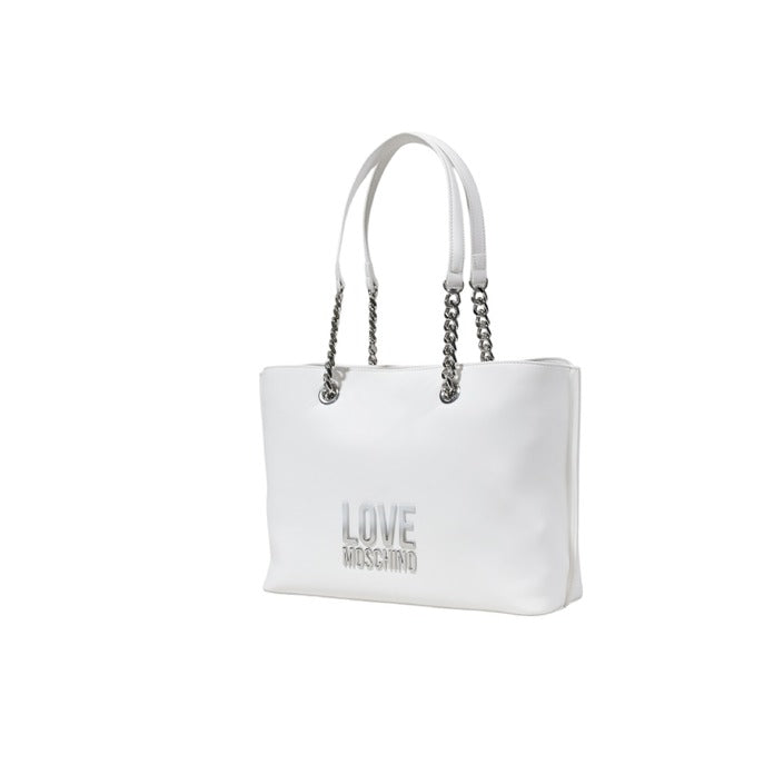 شنطة يد بيضاء بمقابض سلسلة وشعار بارز – Love Moschino