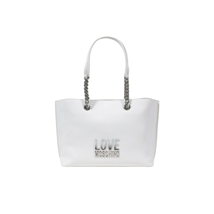شنطة يد بيضاء بمقابض سلسلة وشعار بارز – Love Moschino