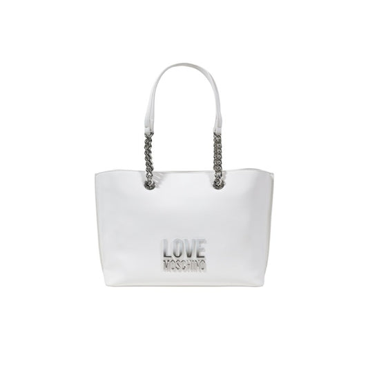 شنطة يد بيضاء بمقابض سلسلة وشعار بارز – Love Moschino