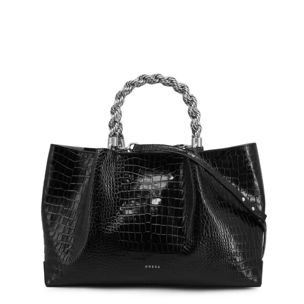 Guess - شنطة توت جلد أسود بمقبض مزدوج ولمسة لامعة
