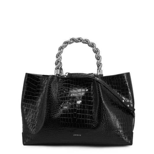 Guess - شنطة توت جلد أسود بمقبض مزدوج ولمسة لامعة