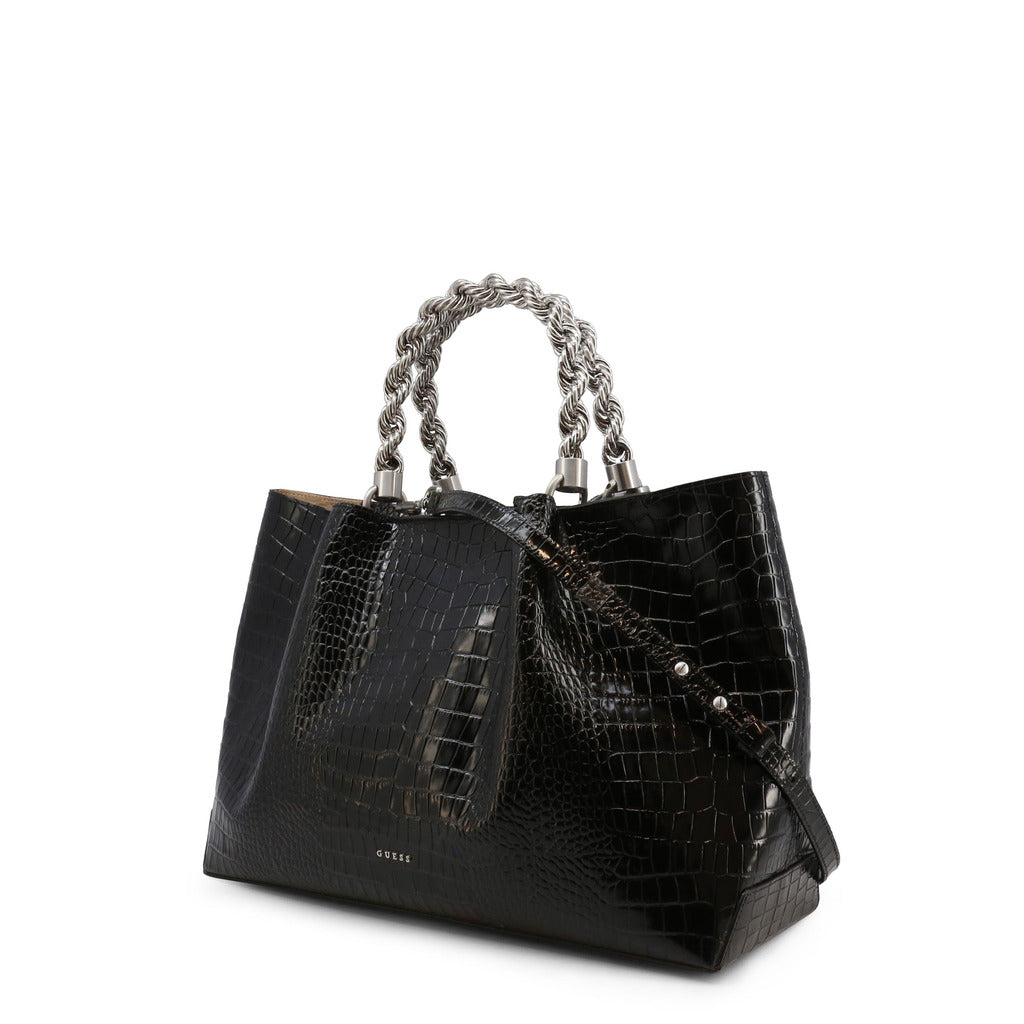 Guess - شنطة توت جلد أسود بمقبض مزدوج ولمسة لامعة