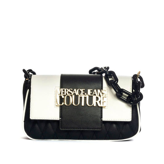 Versace Jeans Couture - شنطة كتف مبطنة بشعار ذهبي وسلسلة سوداء - أبيض × أسود