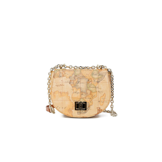 شنطة كتف بخرائط جغرافية وسلسلة – Alviero Martini 1a Classe – Geo Map Print Beige Shoulder Bag with Chain