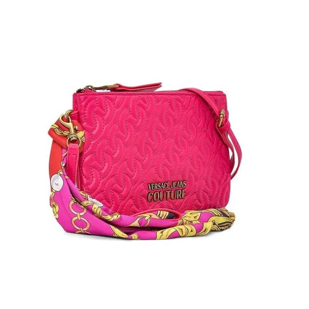 Versace Jeans Couture – شنطة كلاتش وردية بنقشة مونوغرام وحمالة بشريط مزخرف