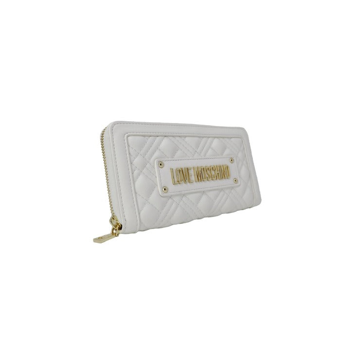 محفظة يد بيضاء مبطنة بسحاب وشعار ذهبي – Love Moschino